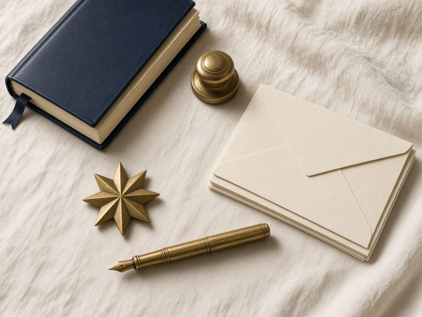 Editorial still life of a navy ledger, gold pen and compass on a cream desk